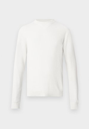 Weißer, gewebter Pullover mit langen Ärmeln, rundem Ausschnitt und gerippten Bündchen. Verfügt über einen strukturierten Stoff und ein lässiges Schnittdesign.