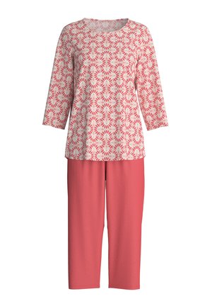 Oberteil mit floralem Muster und Dreiviertelärmeln in Pink und Weiß, kombiniert mit einfarbigen korallenfarbenen Hosen. Weicher Stoff, lockere Passform und bequemes Design.