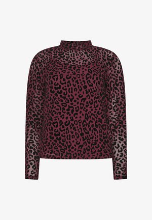 Pitkähihaista burgundinväristä paitaa, jossa on musta leopardi-kuvio. Varustettu korkealla kauluksella ja sileällä pinnalla.