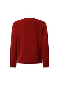 Roter Strickpullover mit langen Ärmeln, Rundhalsausschnitt, gerippten Bündchen und Saum, mit einer strukturierten Oberfläche und gerader Schnittführung.