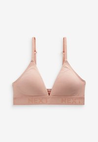 Roze trokutasti bralette izrađen od mekanog materijala, s podesivim trakama i teksturiranim pojasom s logotipom "NEXT".
