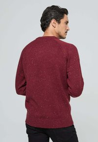 Homme aux cheveux foncés portant un pull en maille marbré bordeaux et un pantalon noir, de profil contre un fond gris clair.