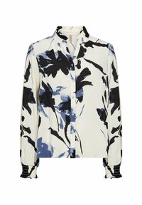 Witte blouse met lange mouwen met zwart- en blauwbloemenpatroon, voorzien van een kraag en een knoopsluiting aan de voorkant. Details met geplooide manchetten.
