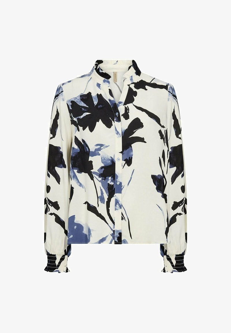 Witte blouse met lange mouwen met zwart- en blauwbloemenpatroon, voorzien van een kraag en een knoopsluiting aan de voorkant. Details met geplooide manchetten.