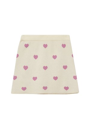 Gonna mini crema a taglio dritto, decorata con piccoli motivi a cuore rosa distribuiti uniformemente.