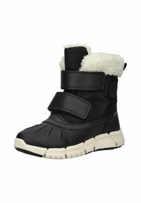 Bota de invierno negra con dos correas de velcro, forro de piel sintética en la parte superior, suela de goma texturizada y acentos de color claro en la suela.