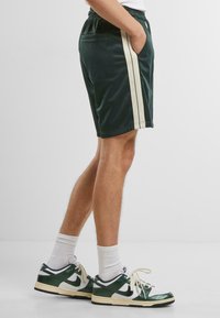 Shorts de sport verts avec une texture douce, dotés de deux rayures beige sur les côtés et d'une taille élastique. Portés avec des sneakers verts et blancs.