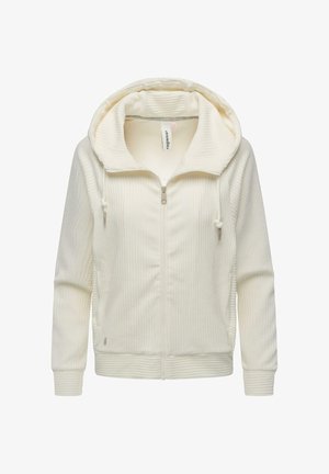 Cream-colored zip-up hoodie with ribbed texture, oversized hood, drawstring accents, and fitted cuffs. Soft, casual design.