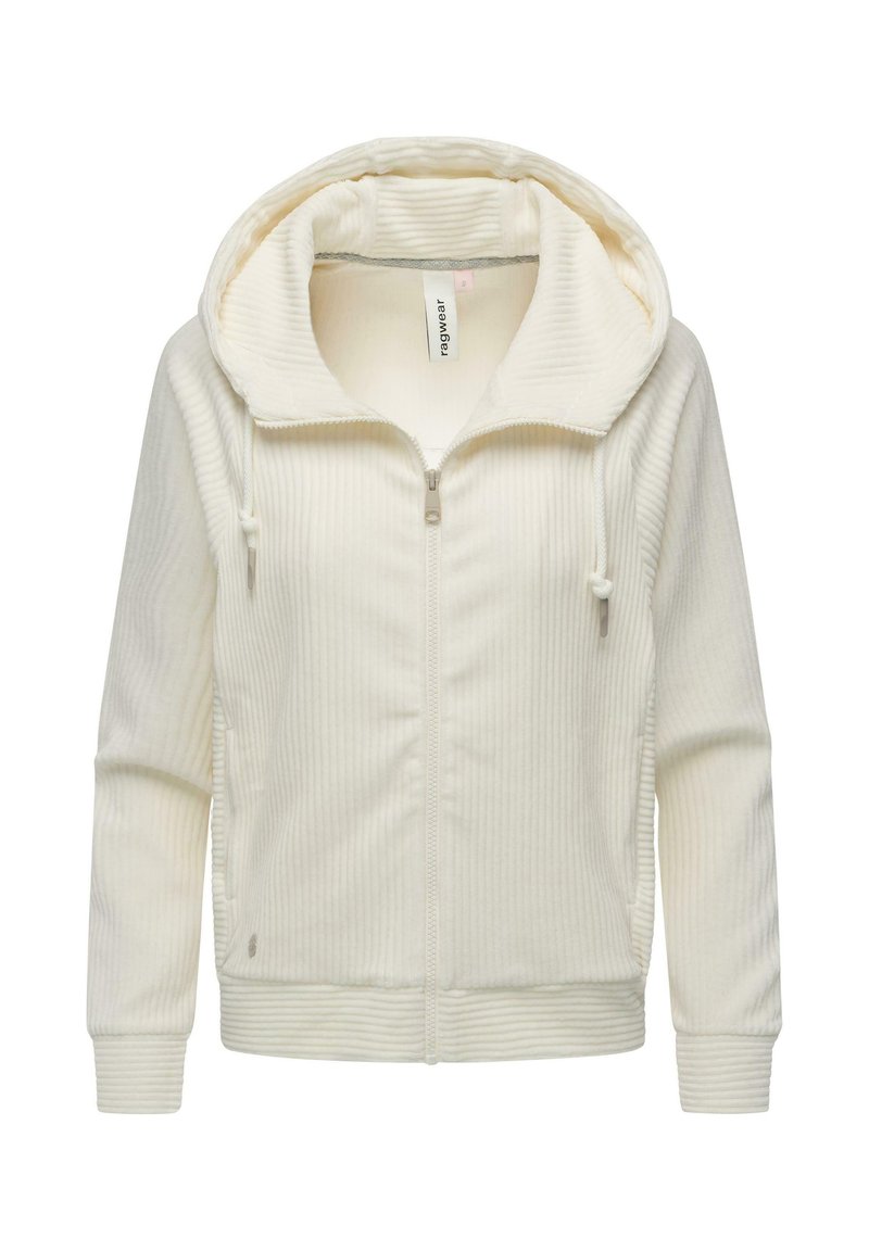 Felpa con zip color crema, texture a coste, cappuccio oversize, dettagli con coulisse e polsini aderenti. Design morbido e casual.