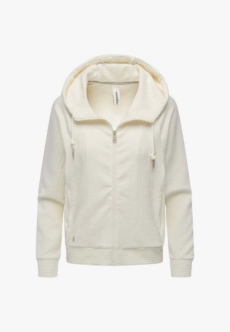 Kremfarget glidelåshettegenser med ribbet tekstur, oversized hette, snorjusteringer og tettsittende mansjetter. Myk, uformell design.