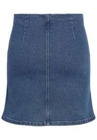 Mini-jupe en denim bleu foncé avec un design ajusté, détails de couture à l'arrière et ourlet droit classique. Pas de poches visibles ni de matériel.