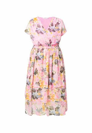 Blomstret kjole med korte ærmer, V-hals og lagdelt design. Lavet af letvægtsstof i pink, gul og grønne nuancer med blød tekstur.