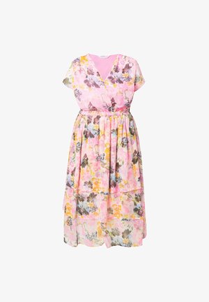 Abito floreale con maniche corte, scollo a v e design a balze. Realizzato in tessuto leggero dai toni rosa, giallo e verde, con una texture morbida.