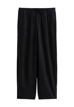 Zwarte wijde broek van zachte stof, met een elastische tailleband met trekkoord en recht afgesneden aan de onderkant.