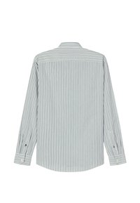 Langärmliges gestreiftes Hemd in Weiß und Marineblau mit vertikalen Linien, Knopfmanschetten, Rückseite mit Passe und glatter Baumwollstofftextur.