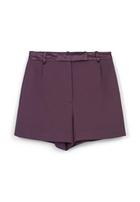 Shorts tailored a vita alta in un viola scuro, con una cintura in satin e passanti per la cintura, pieghe frontali e una chiusura frontale nascosta.