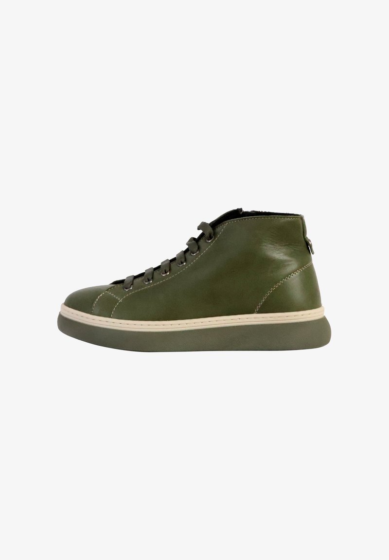Green leather high-top shoe with a white sole, featuring round toe, lace-up design, and stitched accents along the upper and sole.