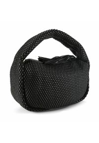 Zwarte geweven handtas met een afgeronde vorm en een gestructureerd oppervlak. Voorzien van een gebogen handvat en een kwastaccent aan de ritssluiting.