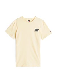 Ljusgul bomulls-t-shirt med korta ärmar och rundad halsringning. Har en liten svart logotyp på bröstet och en röd, vit och blå detalj på ärmen.