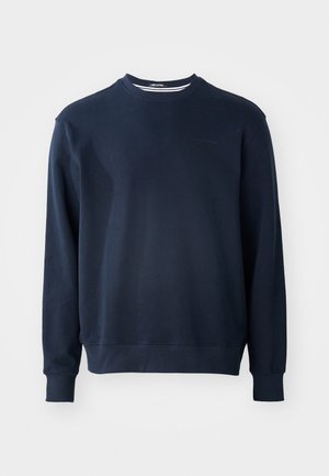 Navy blue sweatshirt made of cotton, crew neckline, long sleeves, ribbed cuffs and hem, subtle branding on the chest, smooth texture.
