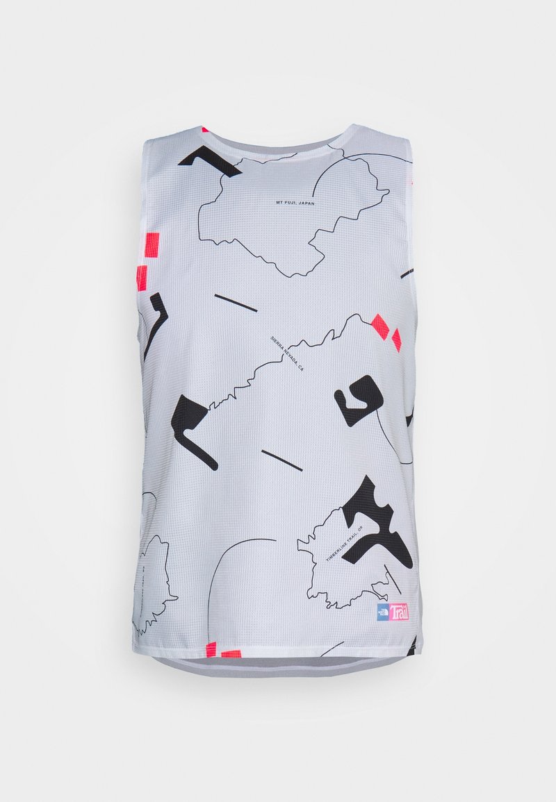 Grå ärmlös träningsskjorta med abstrakta svarta och röda mönster som liknar en karta, samt liten text som märker Mt. Fuji, Sierra Nevada och Timberline Trail.