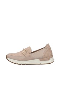 Beige slip-on shoe featuring a suede upper with mesh inserts, a decorative metal loop, white midsole, and a textured rubber outsole.