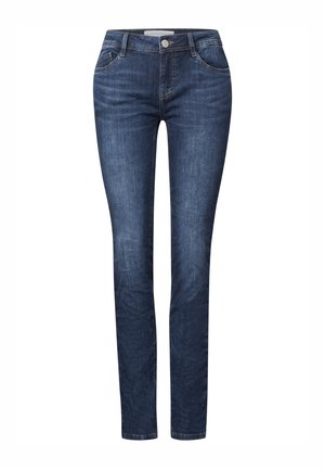 Dark blue denim jeans with a slim-fit design, five-pocket styling, and a front button closure. Features slight fading and a smooth texture.