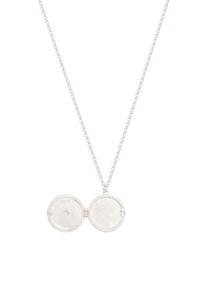 Srebrna medaljona z nežno verižico, ki ima dva okrogla predelka z teksturirano obrobo in gladkimi notranjimi površinami.