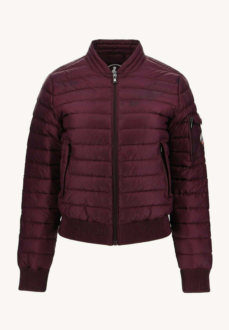 Bordeaux pufferjack met gequiltte textuur, ritssluiting aan de voorkant, zijzakken en ribgebreide manchetten enzoom. Lichtgewicht ontwerp voor warmte.
