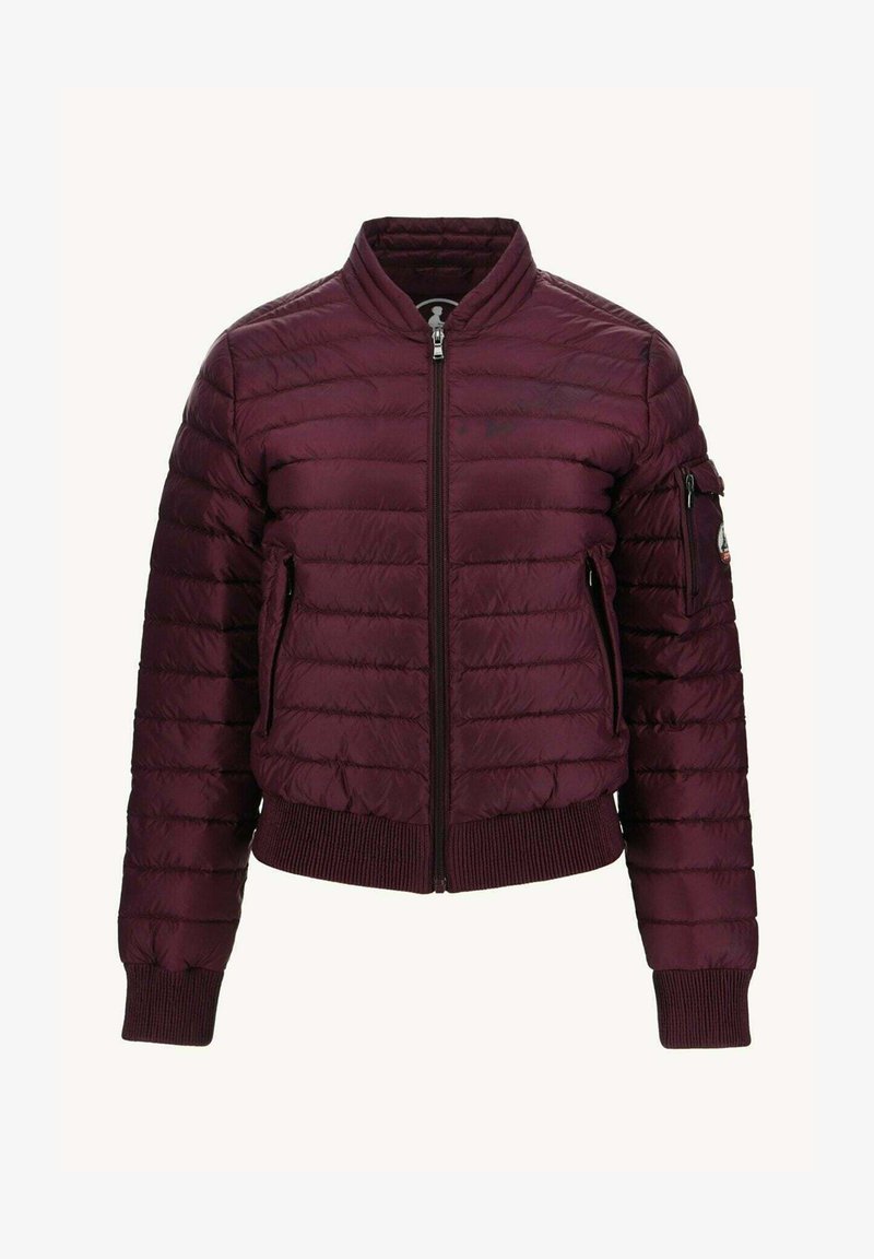 Bordeaux pufferjack met gequiltte textuur, ritssluiting aan de voorkant, zijzakken en ribgebreide manchetten enzoom. Lichtgewicht ontwerp voor warmte.