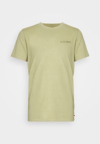 Ljusgrön bomullströja med korta ärmar, rund hals och en liten tryckt logotyp på bröstet. Slät textur och avslappnad passform.