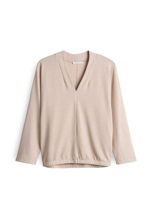 Haut à manches longues beige à côtes avec un col en V et une coupe décontractée. Texture douce, ourlet légèrement froncé et coutures aux épaules.