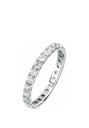 Thin silver eternity band ring with a continuous row of round clear sparkling gemstones all around the band.