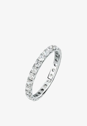 Dünner silberner Eternity-Bandring mit einer durchgehenden Reihe runder, klarer, funkelnder Edelsteine rund um das Band.