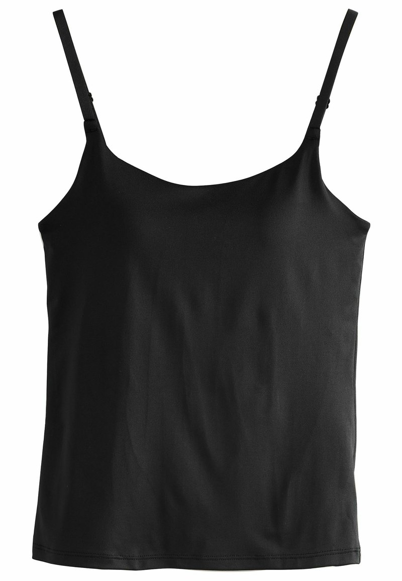 Sort camisole lavet af glat stof med justerbare spaghettistropper og en lige halsudskæring. Simpelt, udekoreret design.