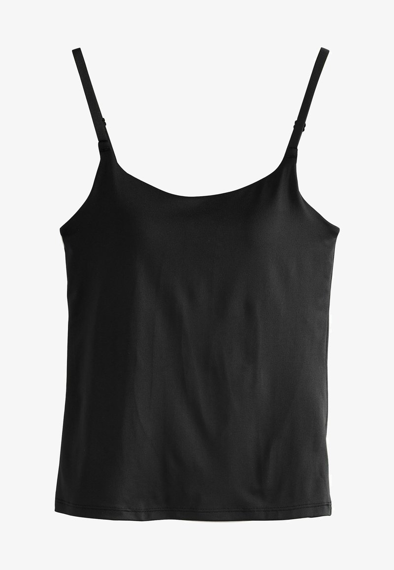 Black camisole made from smooth fabric with adjustable spaghetti straps and a straight neckline. Simple, unadorned design.