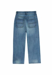 Jeans de mezclilla azul claro con un diseño de corte recto, dos bolsillos traseros y un desvanecimiento mínimo. Presentan una cinturilla clásica con trabillas para el cinturón.