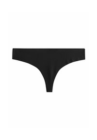 Black thong underwear made from smooth fabric, featuring a minimalistic design with a low-rise waistband and narrow side straps.