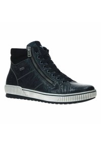 Baskets montantes noires en cuir texturé, avec une fermeture éclair sur le côté, des lacets et une semelle en caoutchouc rayée blanche.