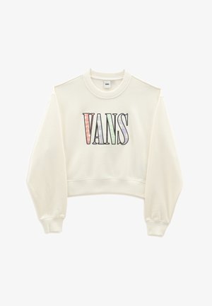 Sudadera corta color crema con cuello redondo, puños acanalados y un gráfico multicolor de "VANS" en el frente. Material de algodón suave.