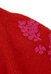 Rode wollen trui met roze geborduurd bloemontwerp op de schouder. Zachte textuur met ribbels aan de halslijn en details.