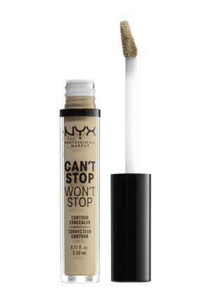 NYX Can't Stop Won't Stop konturconcealer i en genomskinlig tub med svarta accenter, vit applikator och en mjuk appliceringstipp, ljusbeige nyans.