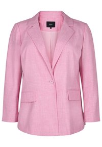 Blazer rose pâle à un bouton avec revers crantés et deux poches avant à rabat, en tissu texturé.