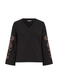 Sort V-hals langærmet top med farverig blomster broderi, der løber ned ad begge ærmer.