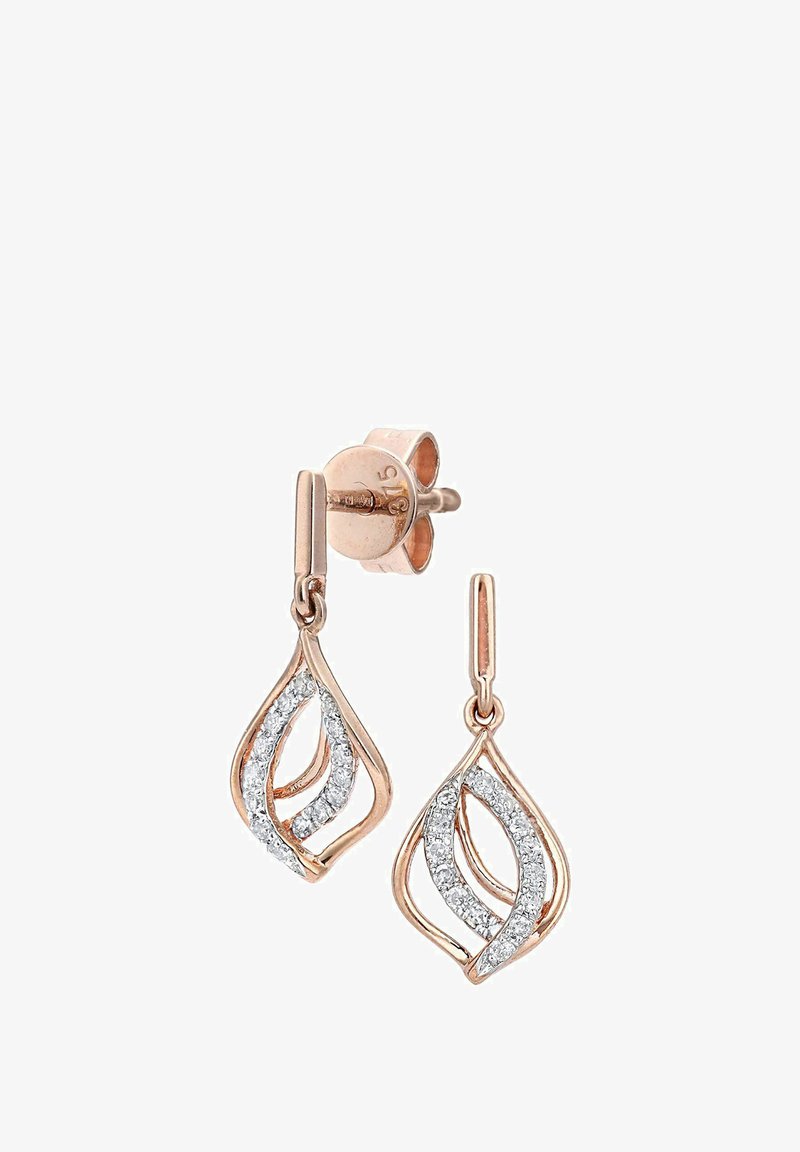 Roosakuldne tilgakujuline kõrvarõngas keerleva lehekujundusega, mille silmustes on selged kivid lisak sära jaoks. Klipsi tagakinnitus.