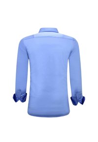 Lichtblauw shirt met lange mouwen, voorzien van een klassieke kraag, knoopmanchetten en een gladde stoftextuur met een schone, op maat gemaakte achterkant.