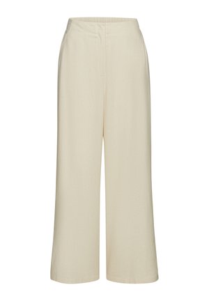 Beige wijde broek met een zachte, gestructureerde stof. Beschikt over een hoge tailleband en strakke, op maat gemaakte lijnen.