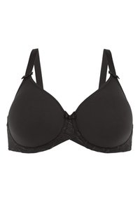 Black bra with a smooth fabric front, lace accents at the band, adjustable straps, and a classic three-prong front closure.