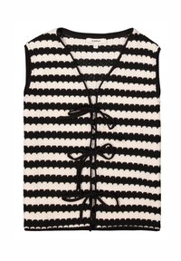Chaleco sin mangas de rayas negras y crema con un patrón de punto texturizado, que cuenta con un cierre de lazo en el frente y un ribete negro en contraste.