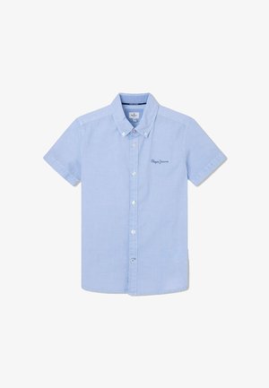 Jasnoniebieska koszula z krótkim rękawem, zapinana na guziki, z kołnierzykiem, z wyszywanym logo „Pepe Jeans” na lewej piersi.